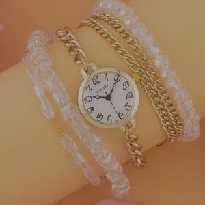 NWOT Strada  Bracelet Watch in Goldtone w/ White Glass Beads